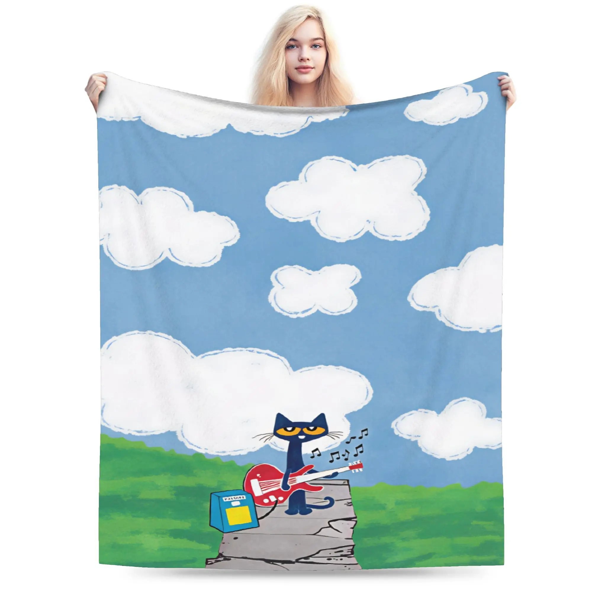 Pete The Cat Stars Comic Warm Blanket  Aesthetic Plane Travel Throw Blanket Couch Chair Flannel Bedspread Sofa Bed Cover