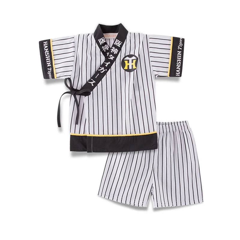 Summer Boys Two Piece Outfit Striped Short Sleeve Japanese Kimono Top Shorts 2pcs Set for Little Kids Daily Casual Home Wear