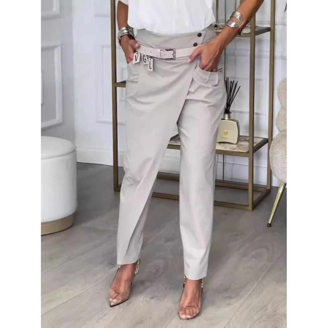 Autumn 2024 Women's Slim Fit Casual Pants Pure Color Versatile High Waist Polyester Fabric Micro Stretch Basic Style