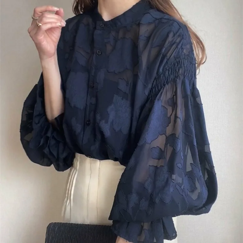 Корейский стиль, японская новая мода, женские однобортные кружевные свободные модные однотонные рубашки с длинным рукавом и круглым вырезом, женские топы