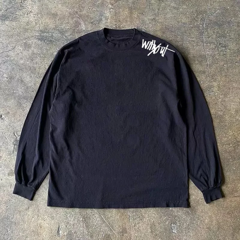 Heavyweight 300g Pure Cotton Long Sleeve T-Shirt Streetwear Oversize American Retro Lettering Outdoor Camping Travel Gear