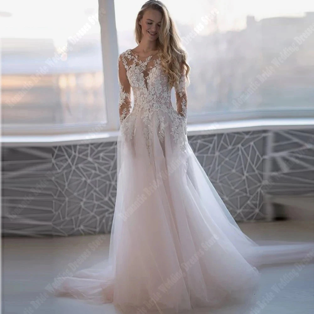 

Tulle Long Sleeves Women Wedding Dresses Round Collar Bridal Gowns Elegant A-line Fluffy Hems Mopping Length Vestidos De Novia