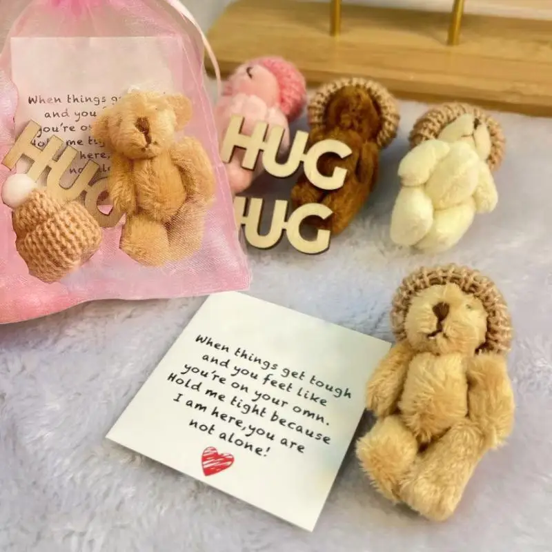 Oso de peluche de abrazo de bolsillo con bolsa de malla, Mini muñeco de oso de peluche positivo con gorro de punto, regalo de cinta rosa de Navidad