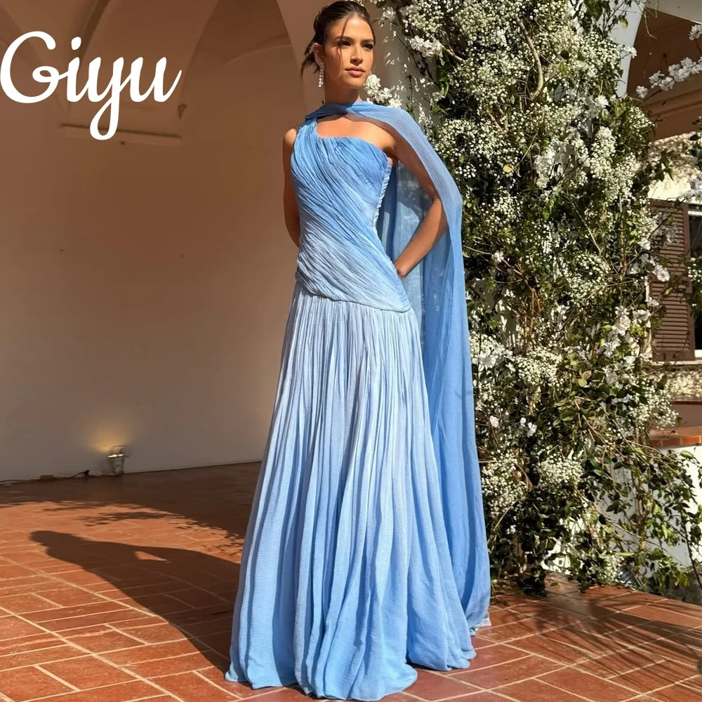 Giyu Blue Gradient Chiffon Evening Dresses New Modern A-Line Cape Sleeves Prom Dresses Floor Length Formal Prom Gowns Customized