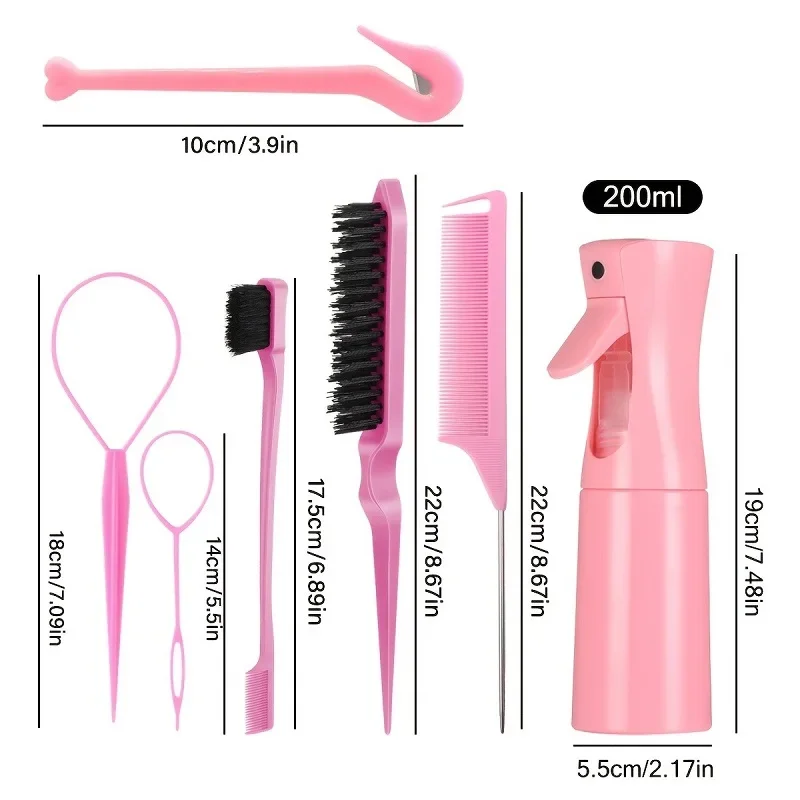 7PCS Hairdressing Tool Set Rat Tail Comb Edge Brush Water Sprayer Ponytail Creator Braiding Hair Styling Accessories