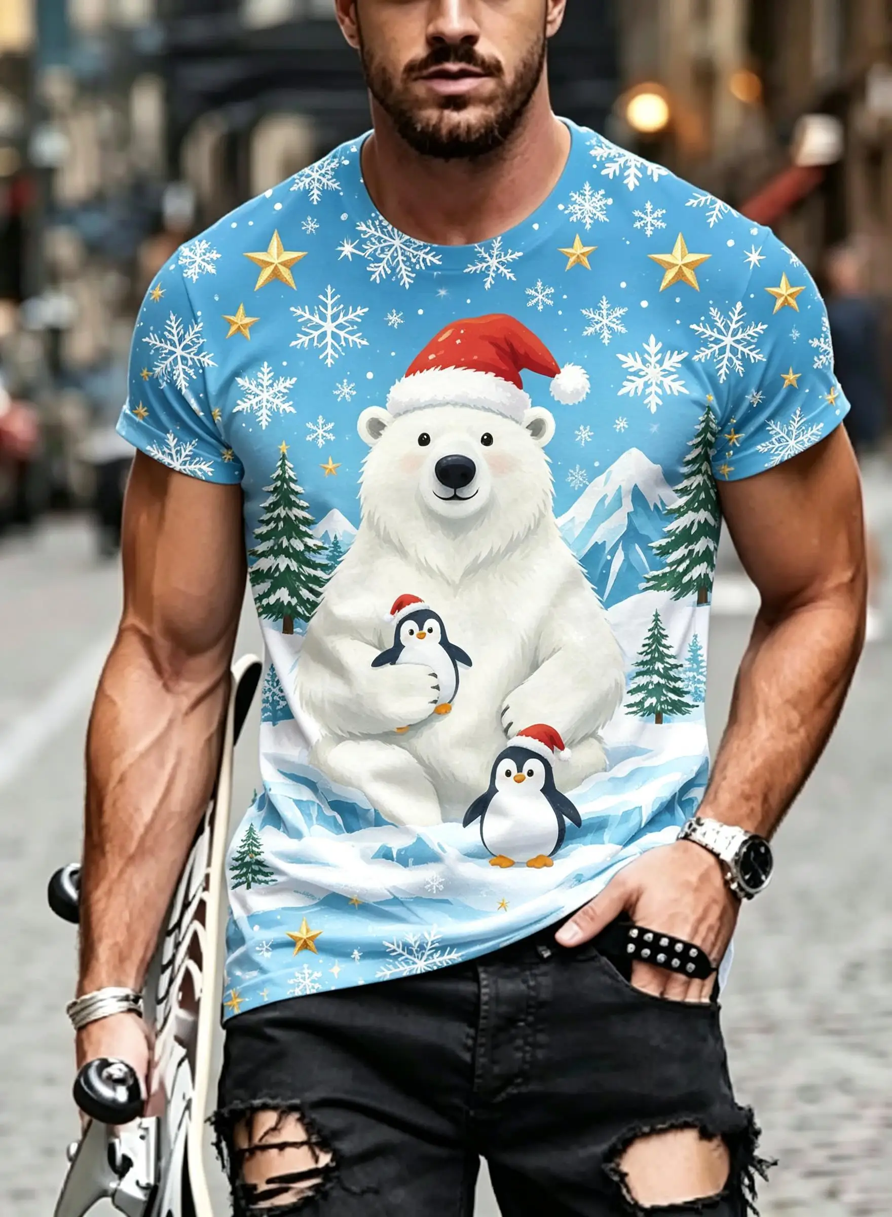 Men's Christmas Short Sleeve T-shirt Snowy Winter Village House Street Lamp Snowflake Print Crew Neck Polyester Tee
