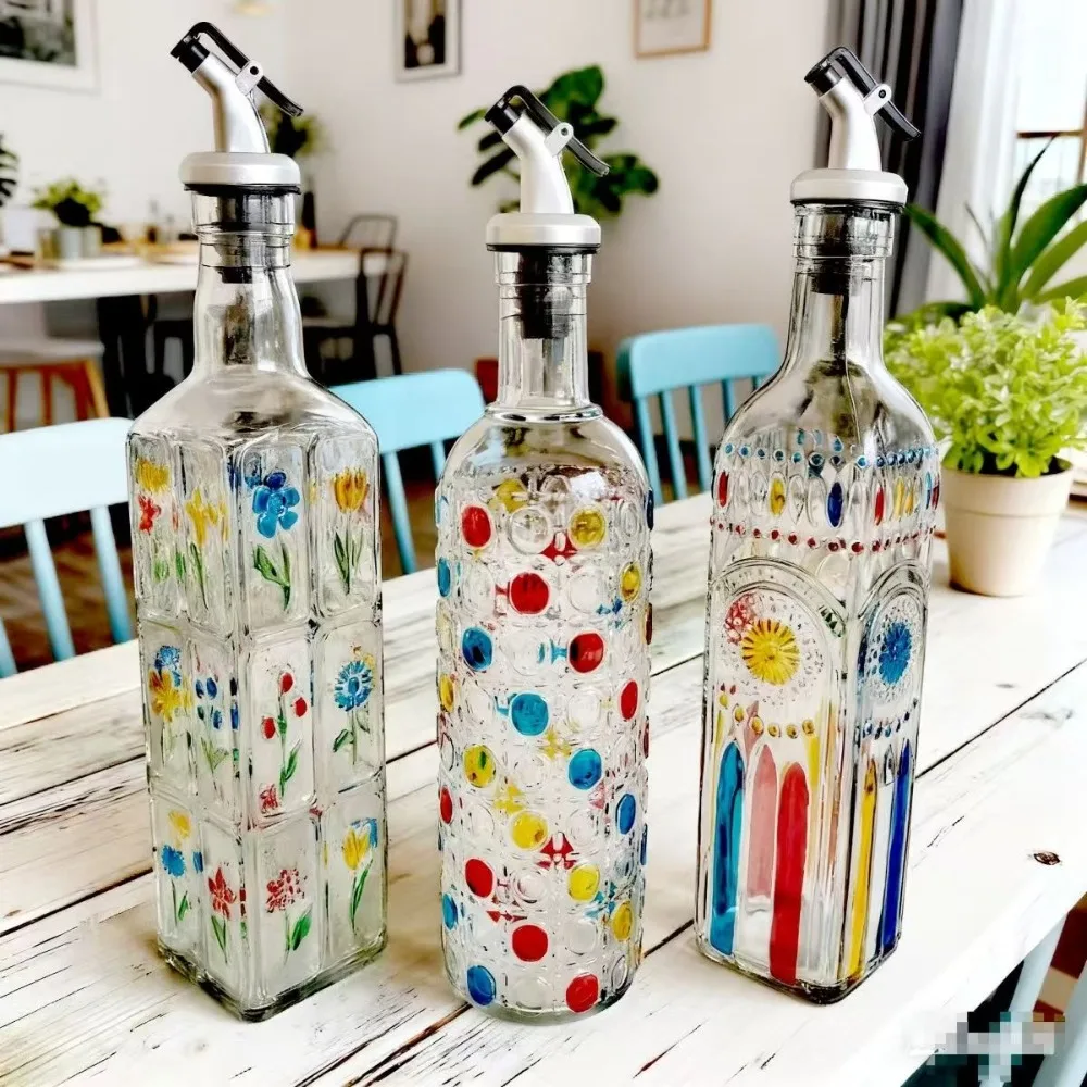 

500Ml Painted Press-type Relief Glass Oil Bottle Seasoning Household Kitchen Multi-functional Transparent Sauce Vinegar Bottle
