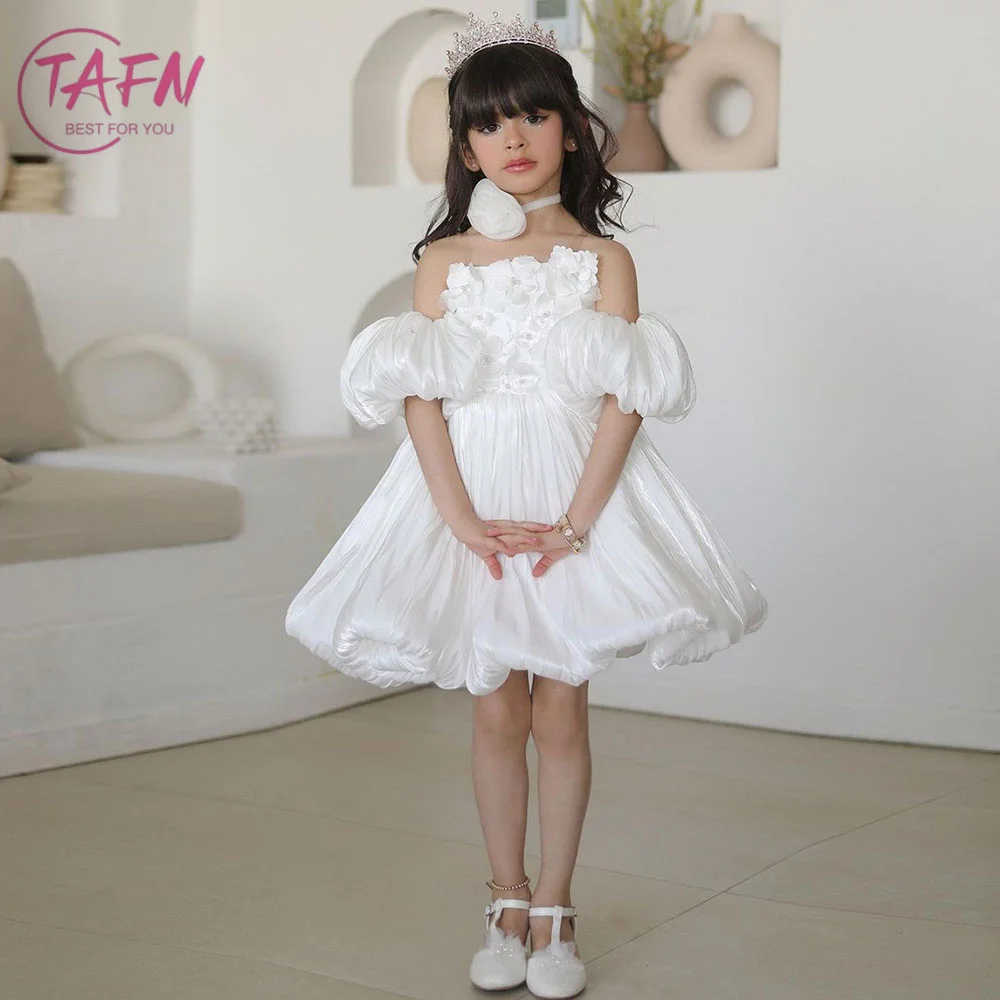 TAFN 3D Appliques Short Flower Girl Dresses Detachable Sleeves Formal Dresses for Kids A-line Short Children Party Gown