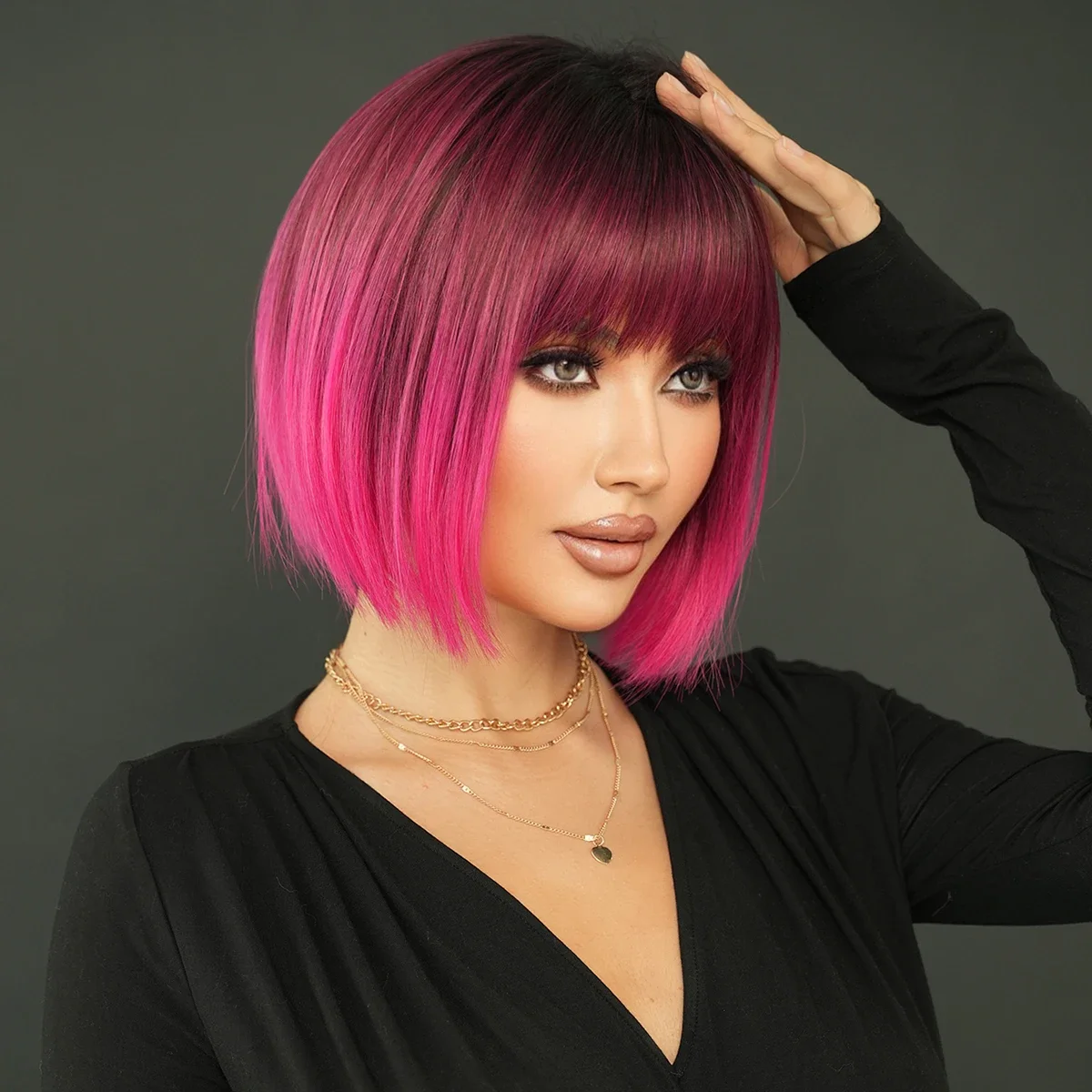 PARK YUN Costume Wig Rose Pink Short Wig for Women Daily Party Dark Roots Natural Synthetic Lavender Heat Resistant Straight Wig