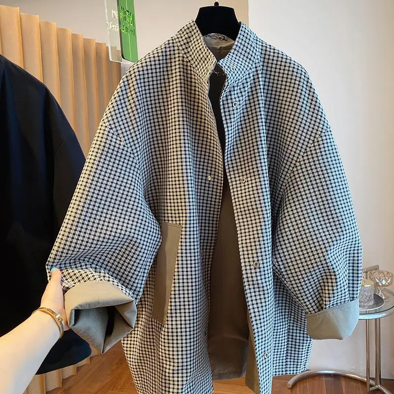 

Autumn Winter Large Size Men's Double-Faced Wear Briti Sle Plaid Long Coat Casual Loose Fit irt Sve Youth Faion