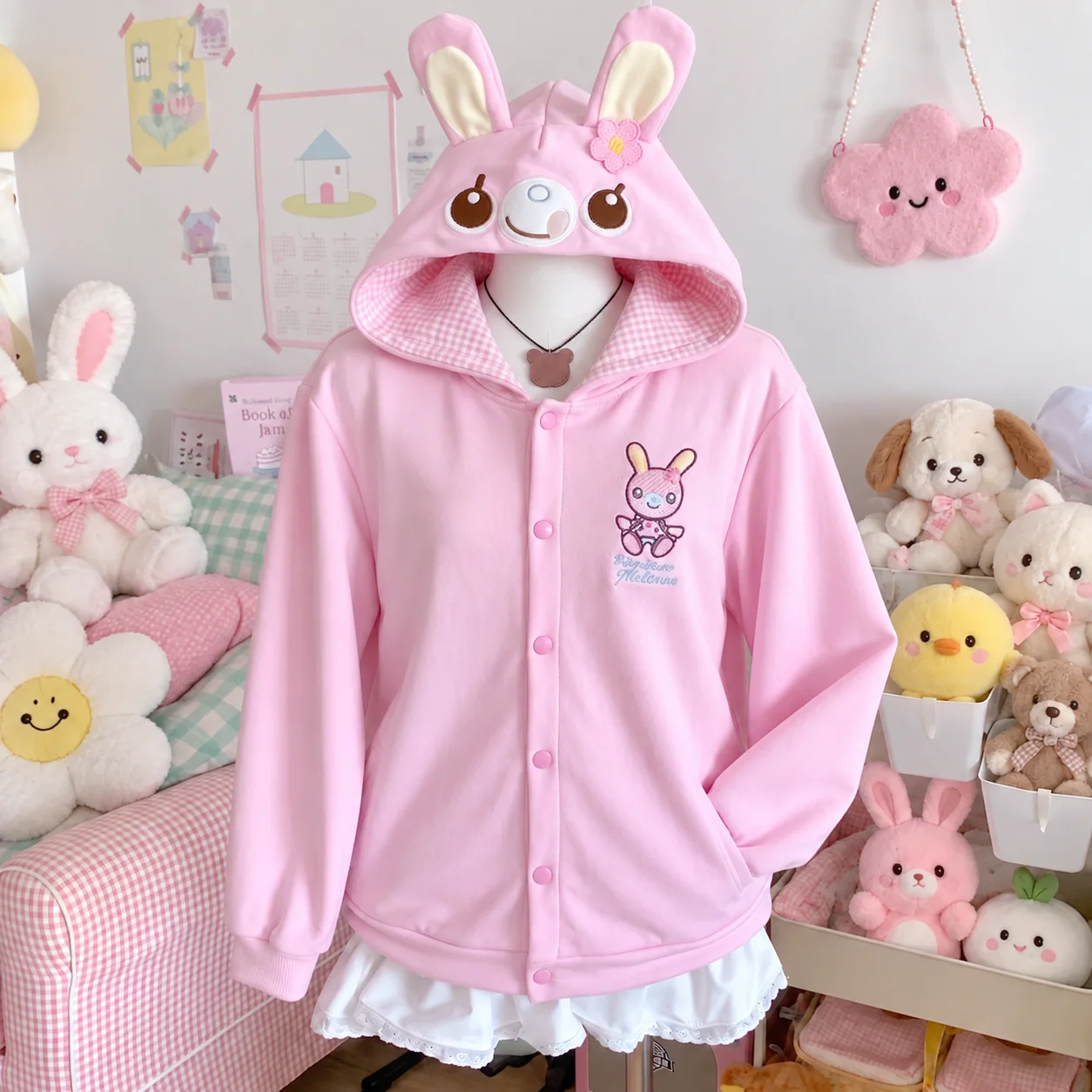 Japanese Cute Coat Embroidery Rabbit Ear Hooded Subculture Kawaii Y2k Tops Casual Fashion Sweet Coats Ropa Mujer Women Clothing