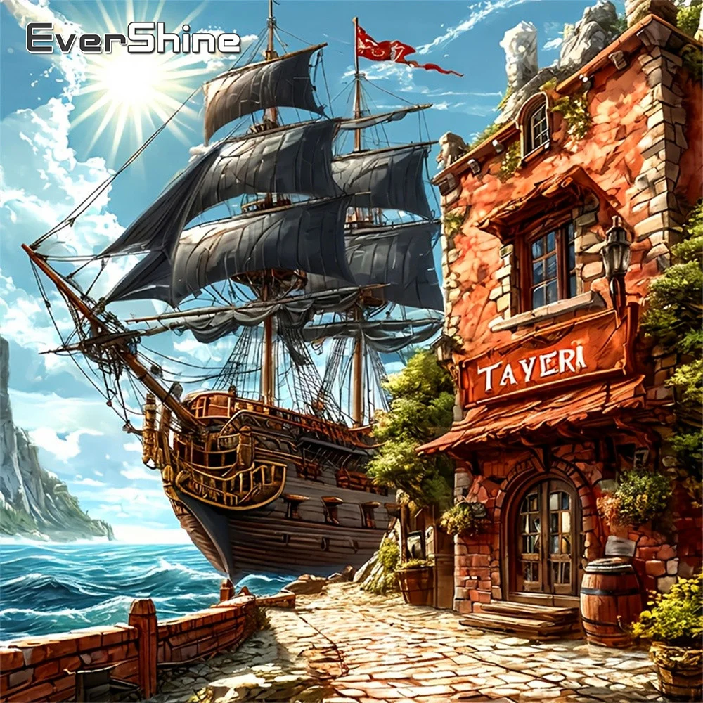 Evershine Seaside Diamant-Mosaik Landschaftsgemälde Boot Bild Strass-Stickerei Vollquadrat Haus Heimdekoration