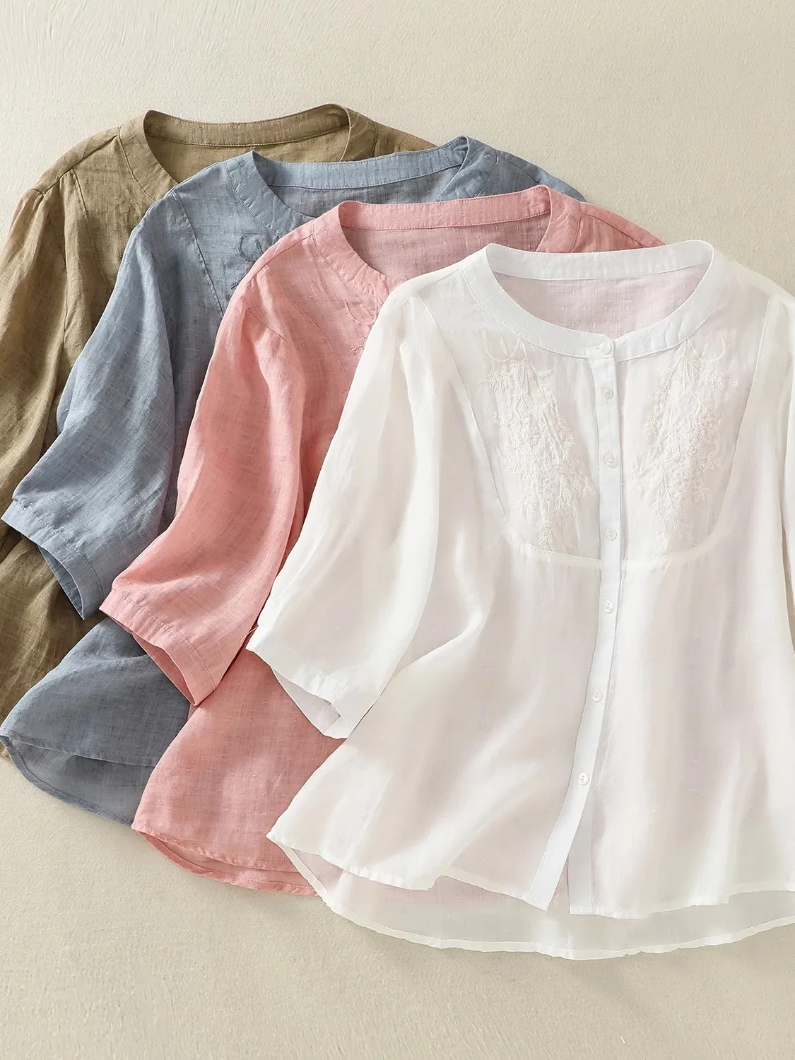 

Loose Casual Cotton Linen Five-Quarter Sve Embroidered irt Women Summer New Sle Outerwear Small Top round Ne Button