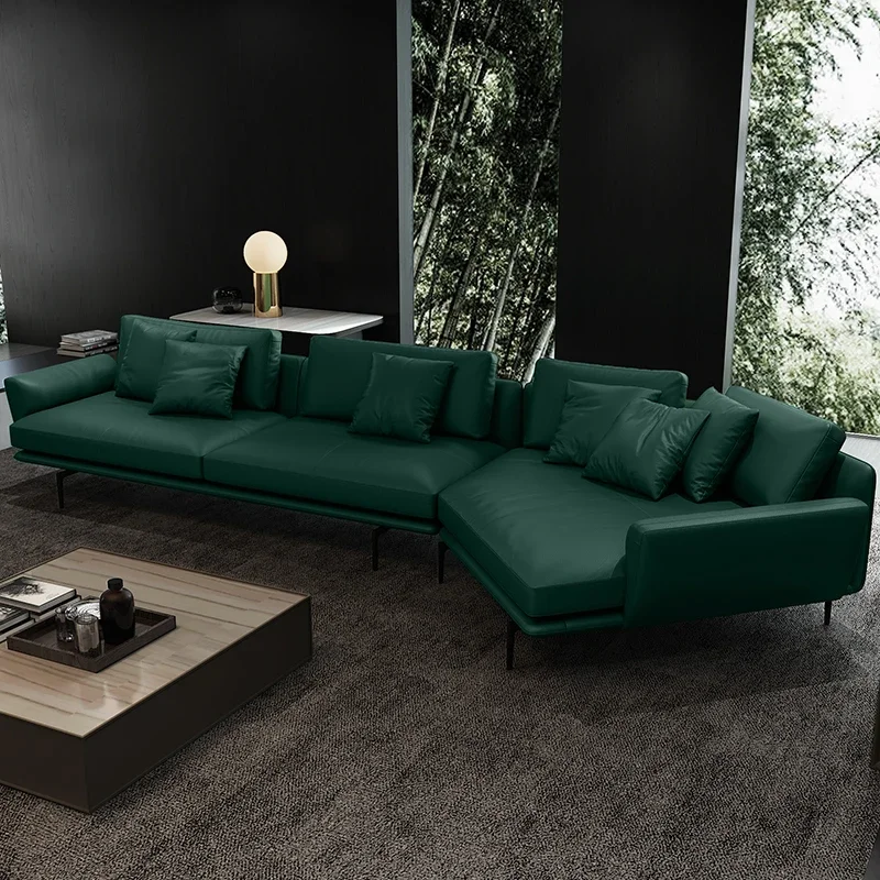 

Leather sofa first layer cowhide Italian light luxury living room special-shaped corner small apartment straight row dark green