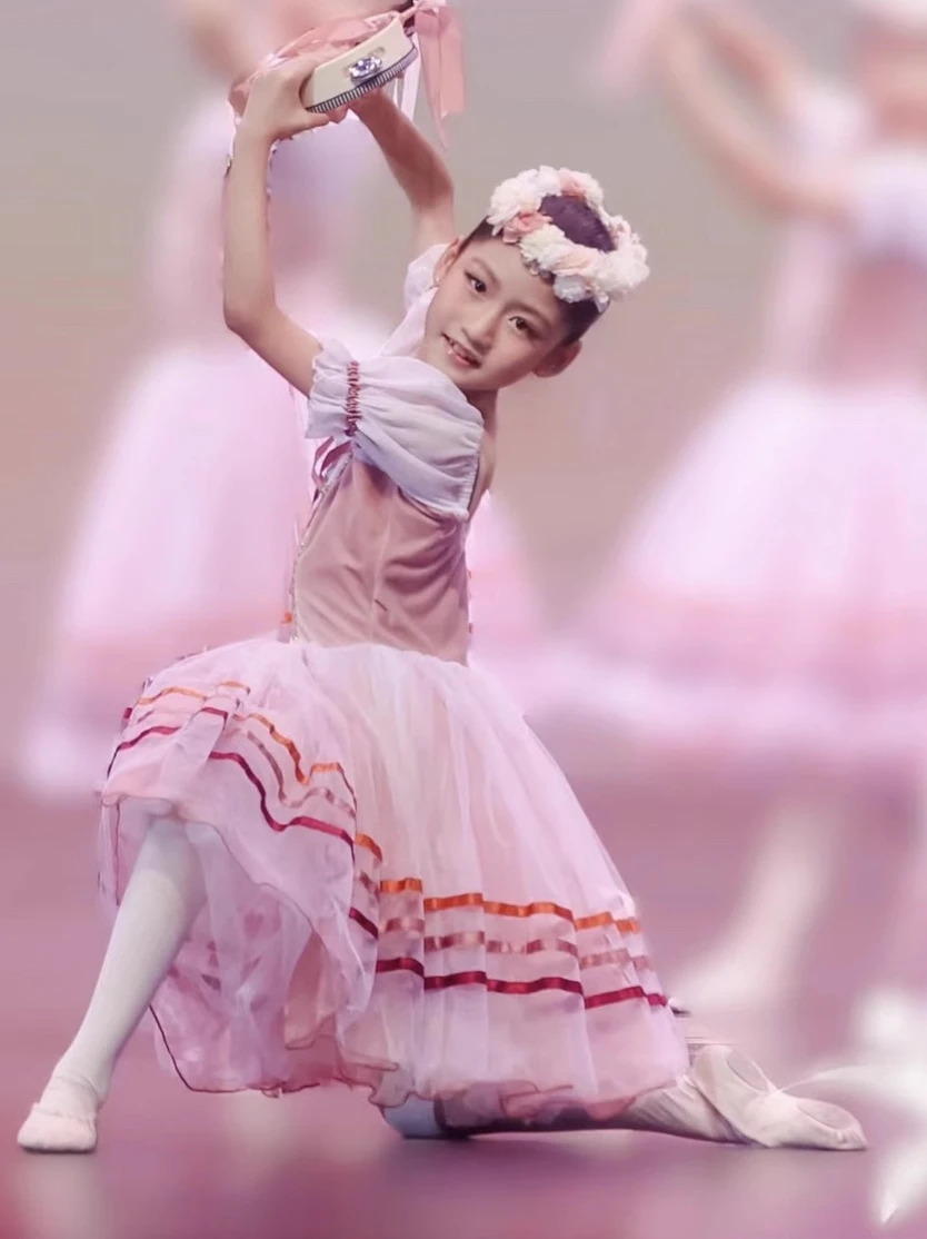 Tutú romántico Giselle para niñas, disfraces de Ballet, vestido de patinaje de tul de terciopelo para niñas, vestido de bailarina de burbuja de manga corta con cordones, vestido de verano