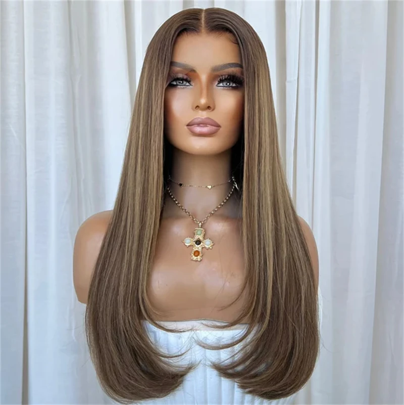 

Парик с плотностью 180% омбре, теплый коричневый с мелированием, синтетический, с HD-кружевной передней частью, мягкий прямой парик, с предварительно проработанной линией роста волос, без клея