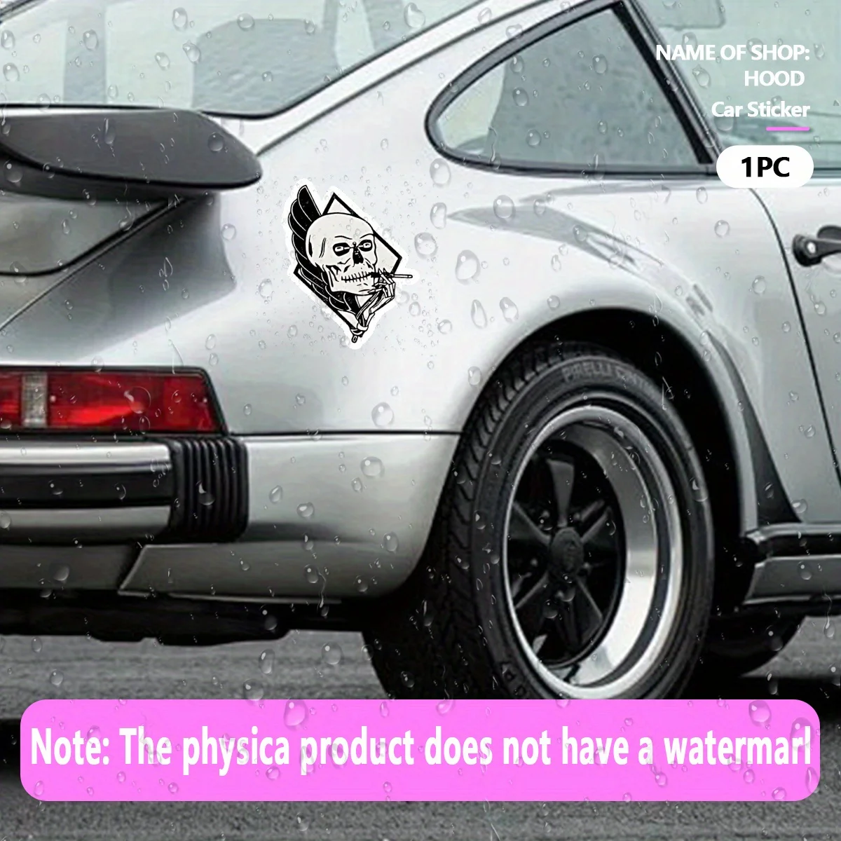 قطعة واحدة من ملصق الدراجة النارية/السيارة - جمجمة مملوءة بالحواف باللونين الأبيض والأسود، التدخين بالأجنحة -