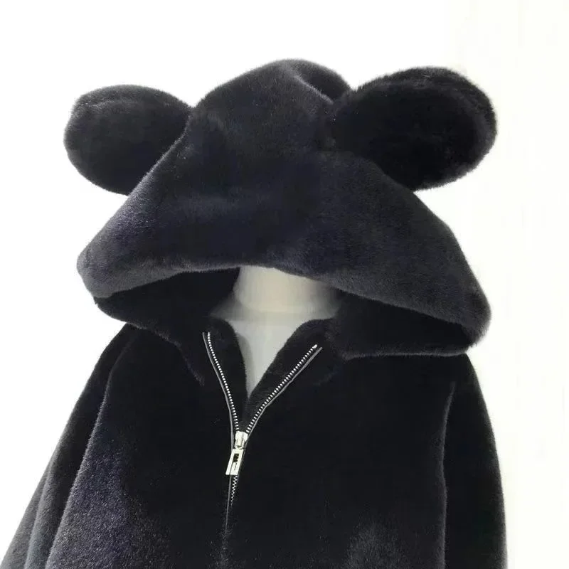 Women\'s 2023 Autumn and Winter New Faux Wool Solid Color Hooded Loose Cute Bear Ears Versatile Mid-Length Zipper Jacket  coats