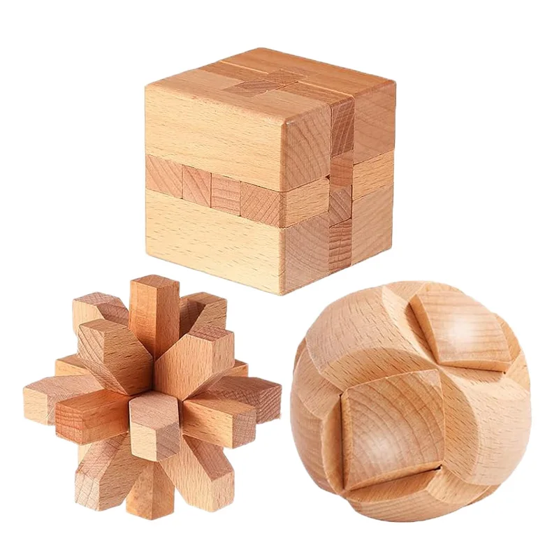 Classic 3Pcs Wooden Brain Teaser Puzzle Kong Ming Lock Set Casse Tete Difficile Smart Games For Kids Iq