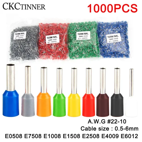 Conector de cable de Terminal de bloque de terminales, casquillos aislados, Terminal de crimpado eléctrico, 6mm, E0508, E2508, E6012, 1000 unidades por lote
