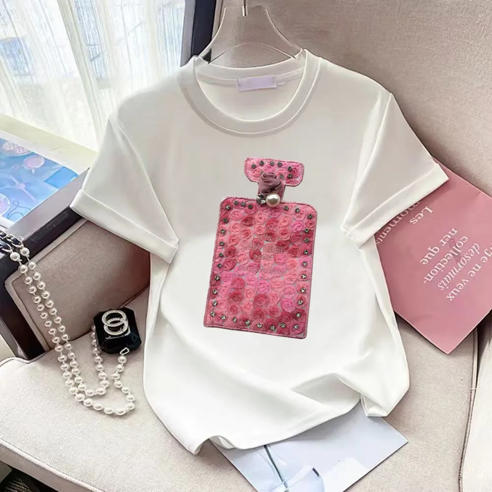 Rose Heavy industry hot drilling and beading short-sleeved t-shirt female Perfum 2025 new half-sleeved design sense niche summer
