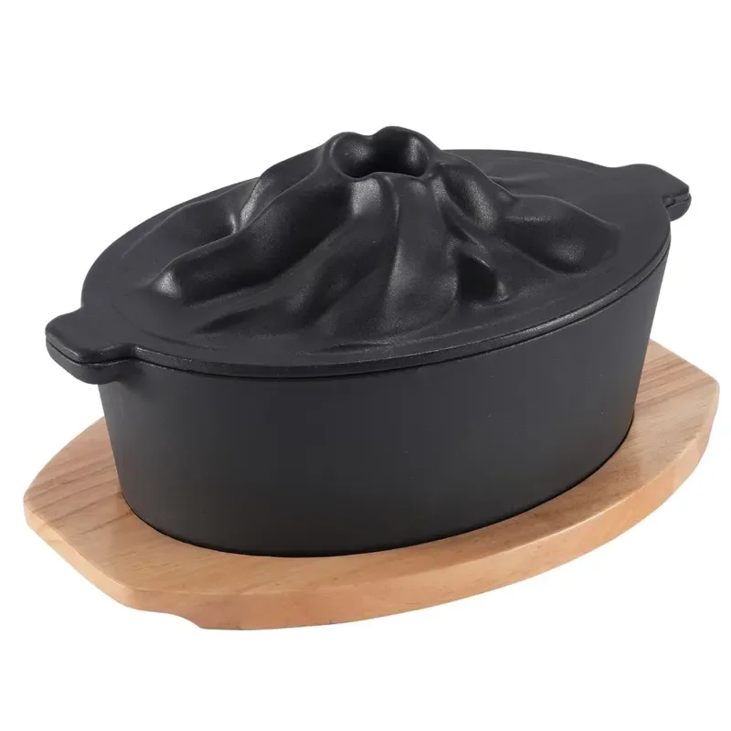 New Design Cast Iron Round Casserole Baking Pan Soup Pot with Wooden Tray for Kitchen