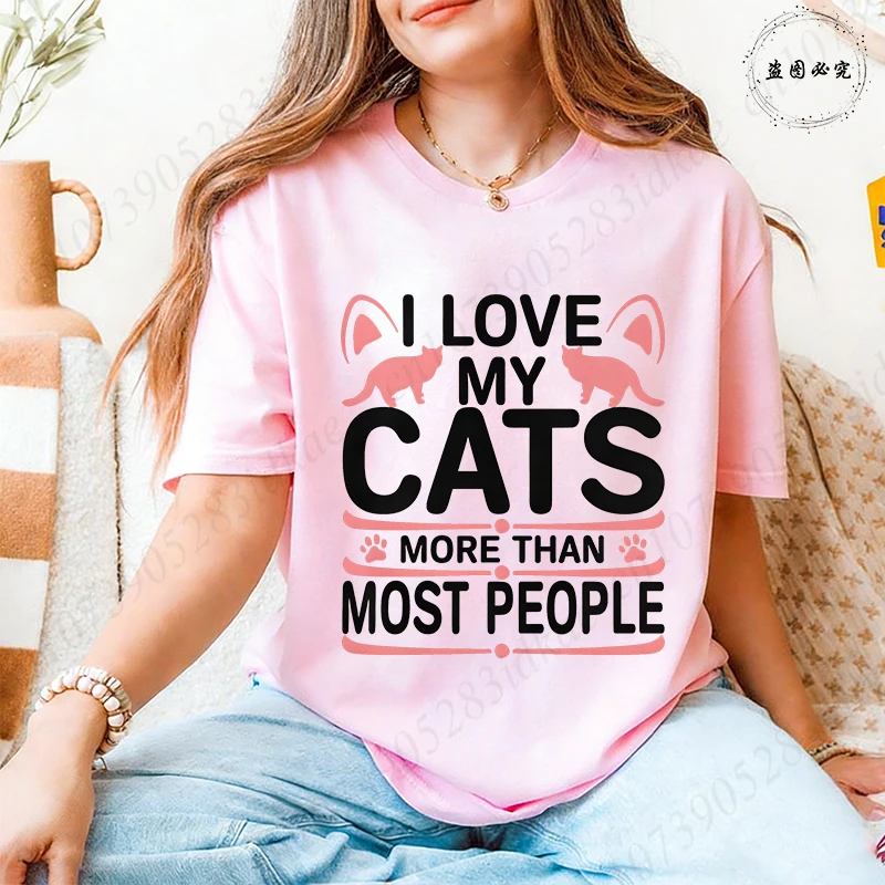 Camiseta I Love My Cats More Than Most People para mujer, camiseta con estampado de orejas y huellas de gato rosa, camisetas Harajuku de manga corta con cuello redondo