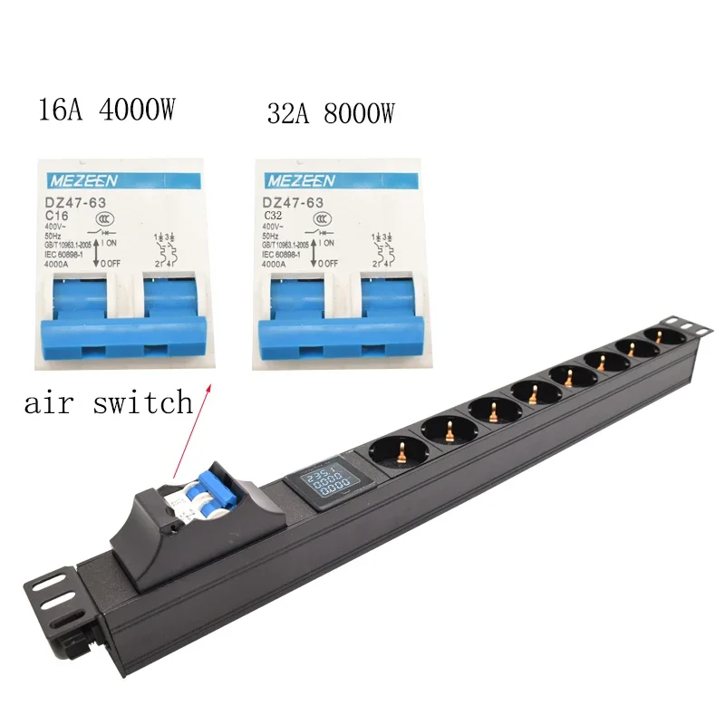 PDU power board 16/32A air switch distribution device switch 2/3/4/5/6/7/8 with ammeter EU socket