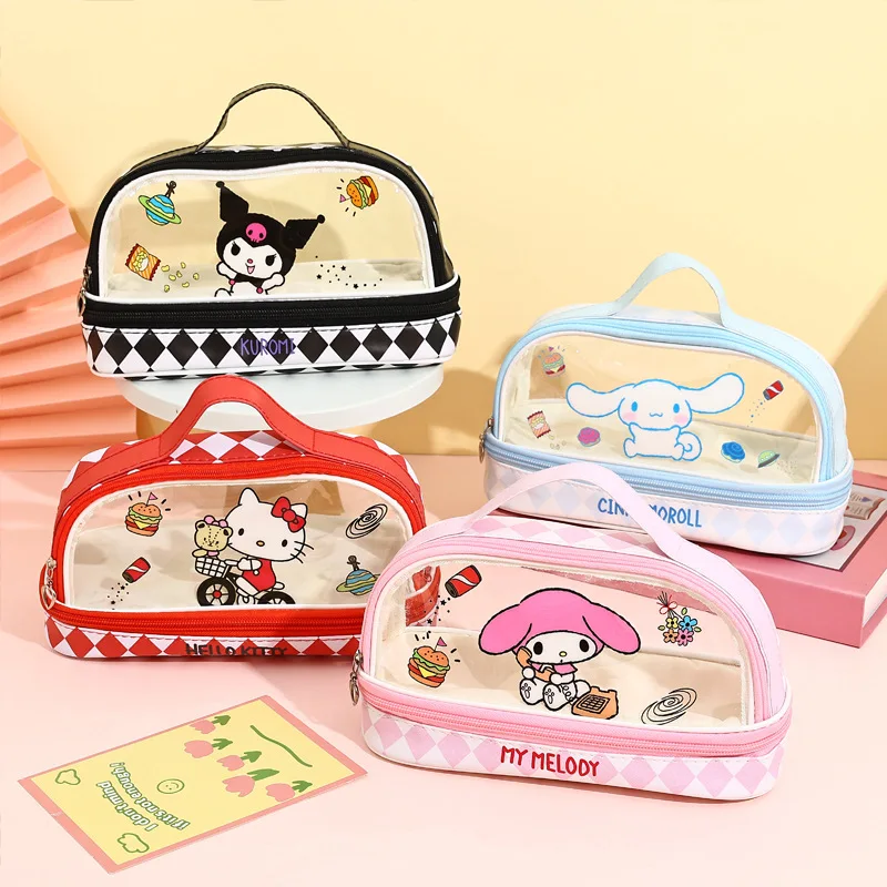 

Sanrio My Melody Large-capacity Transparent Double-layer Makeup Bag Kuromi Hand-held Stationery Box Cartoon Storage Pencil Case