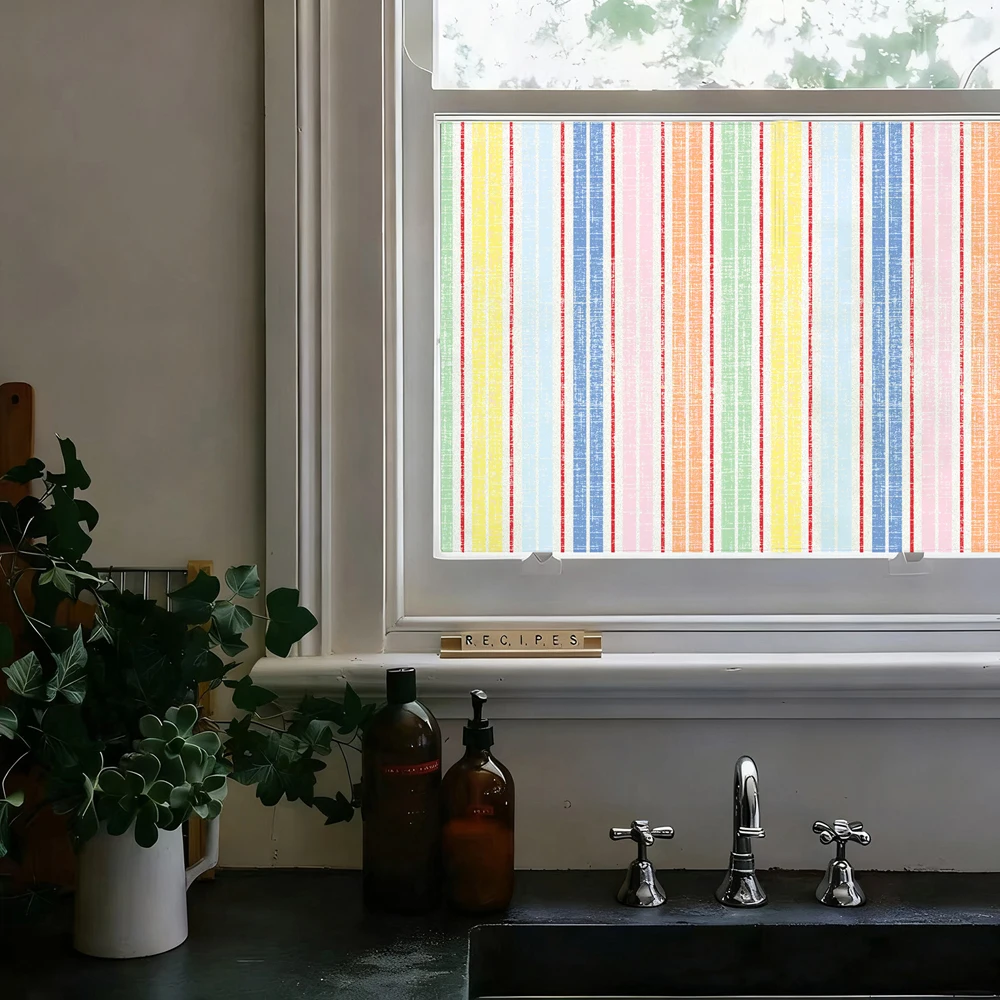 Double-side Macaron Pinstripe/Wide Stripes Privacy Frosted Window Film,Static Cling Reusable for Living room Bathroom Home Decor
