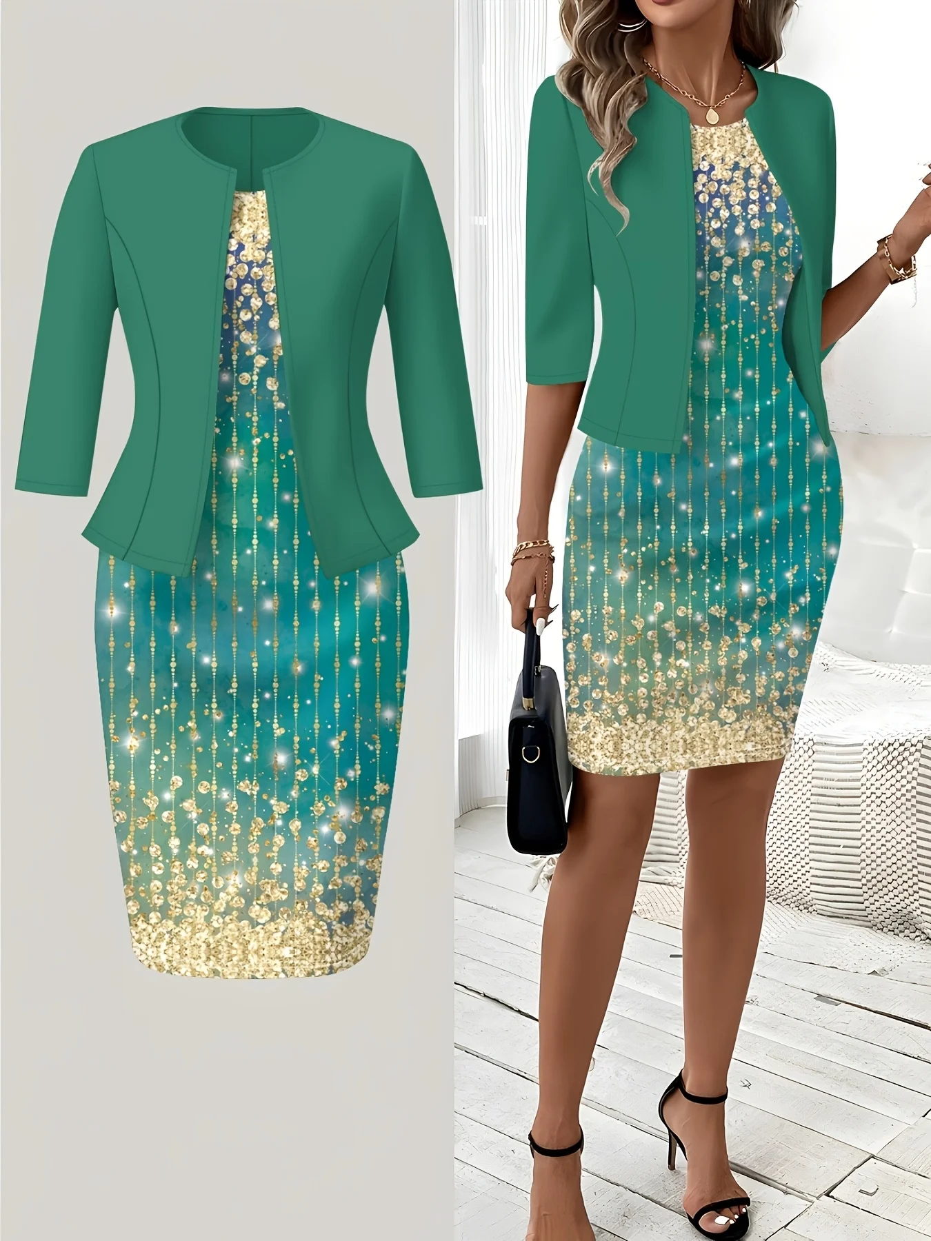 Printed Design Casual Style Gold Teal Gradient Sparkle Print Round Neck Tank Dress Set