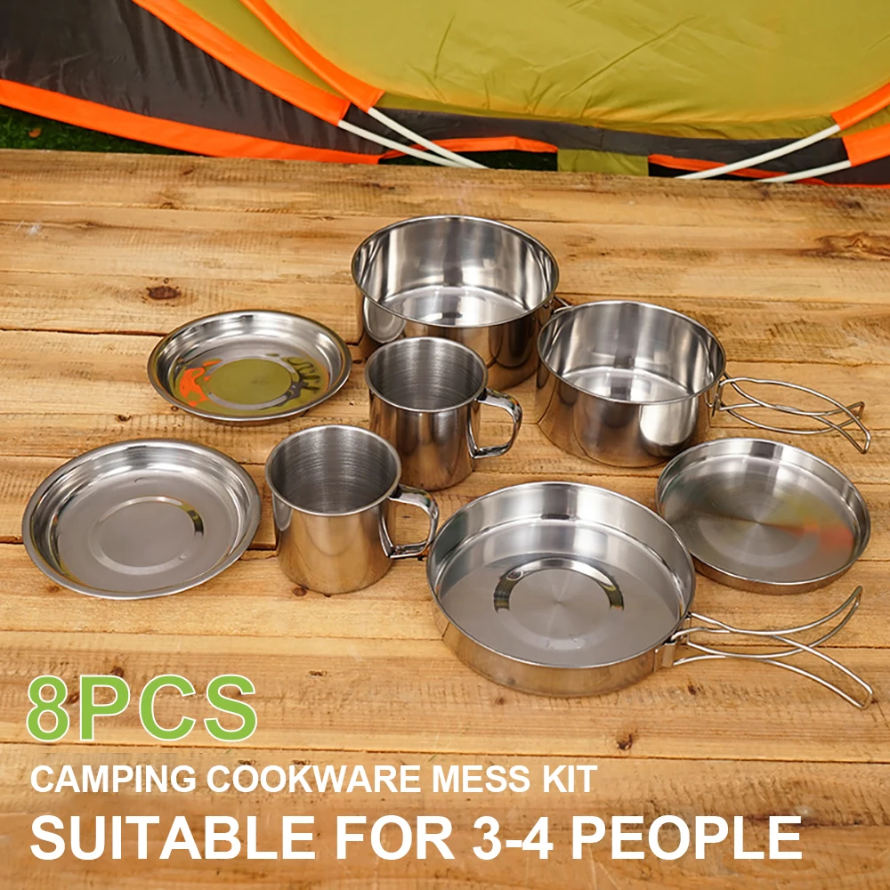 8 Stks/set Camping Kookgerei Mess Kit Roestvrijstalen Kookpot En Pan Set Met Borden Bekers Om Buiten Te Wandelen Backpacken