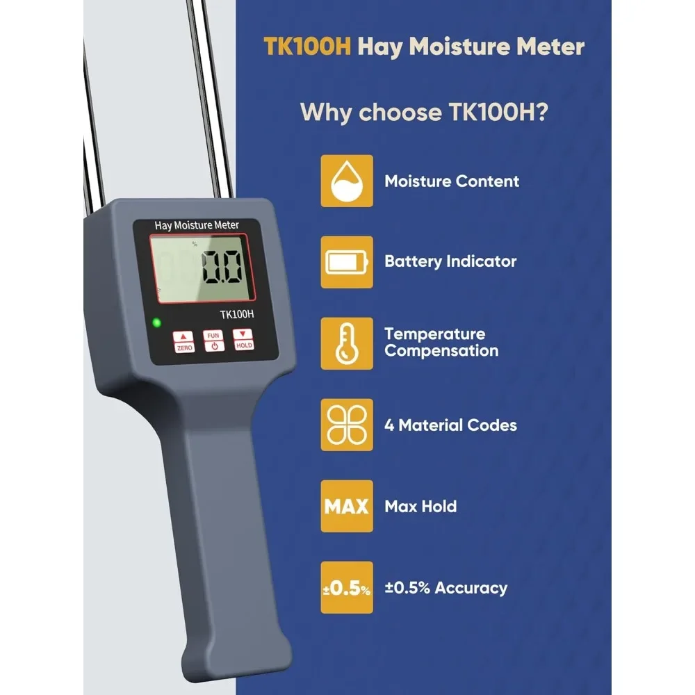 Hay Moisture Meter Tester - Portable Long Probe Type Digital Moisture Analyzer for Forage, Bale, and Agricultural Applications