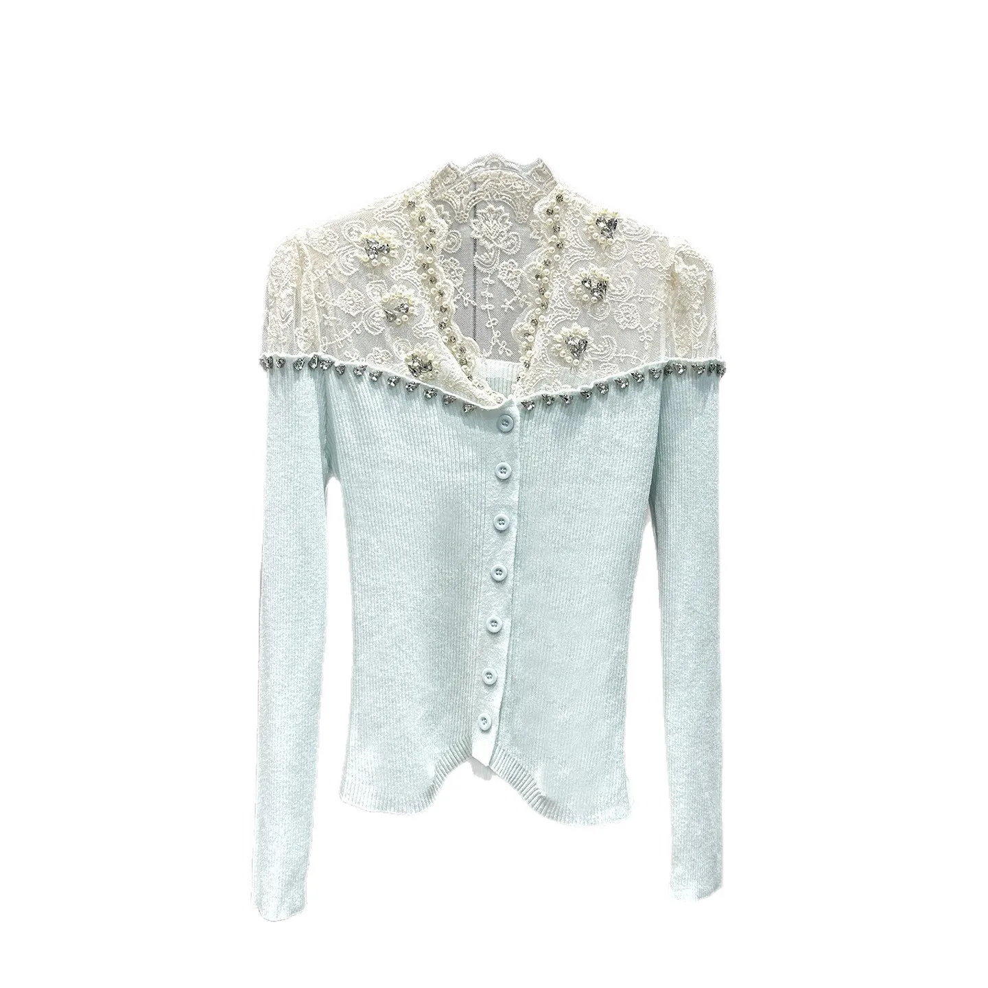 Cardigan lavorato a maglia slim fit a maniche lunghe con bottoni singoli e bordi in pizzo con perline autunnali 2025