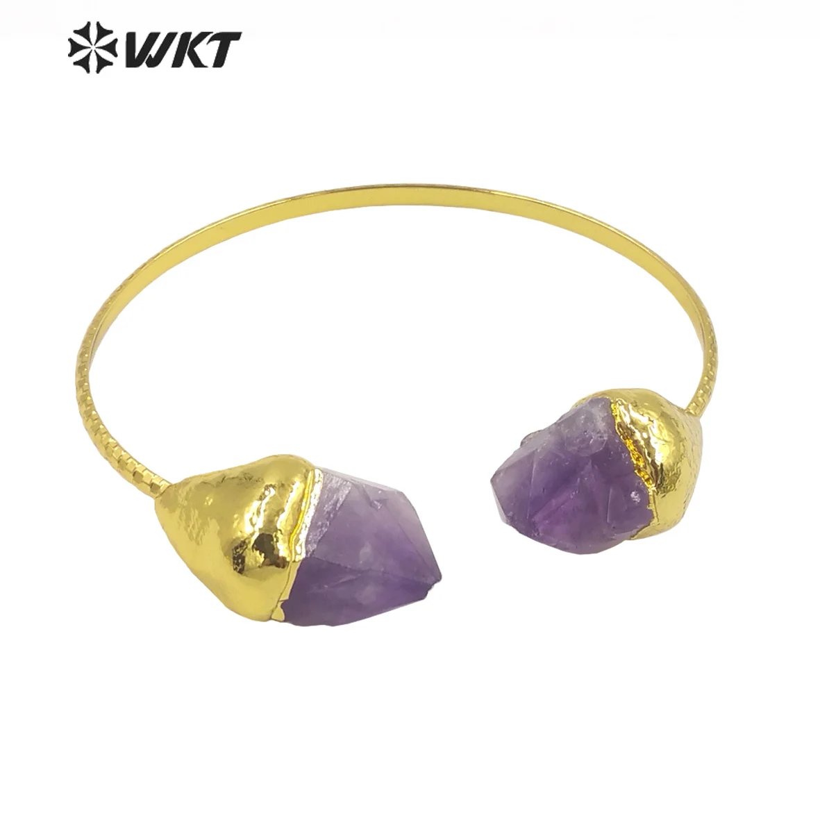 

WT-B600 WKT Purple Crystal Natural Stone Classic Amethysts Gold Plated Wire Bangle Adjustable Cuff Bangle Lady Jewelry