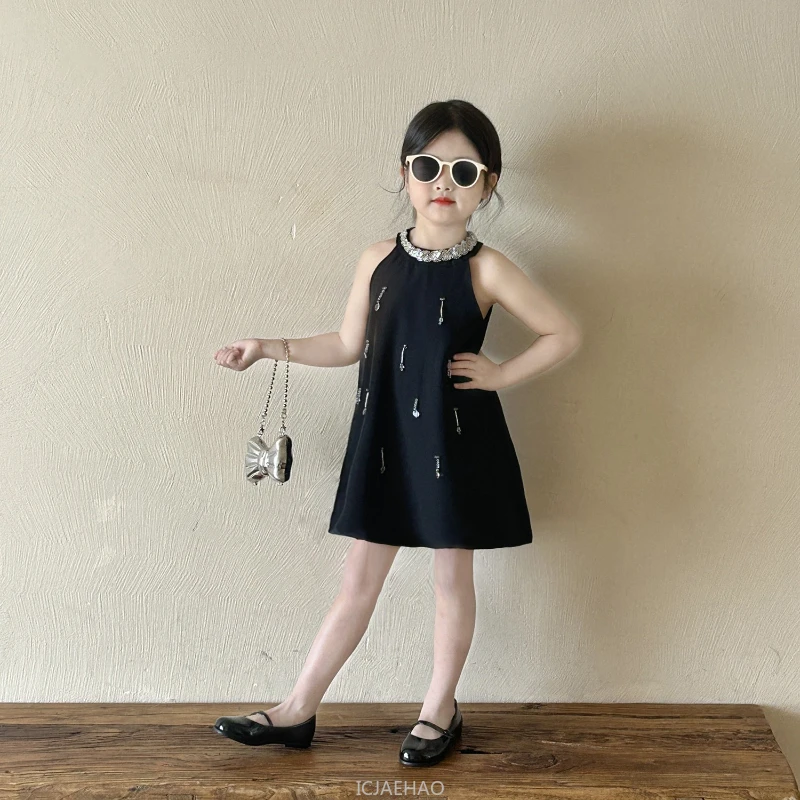 

Girl Clothes Party Dress Girls Halter Neck Crystal Black Dresses Vestido Children Birthday Princess Gown Kids Summer Costume