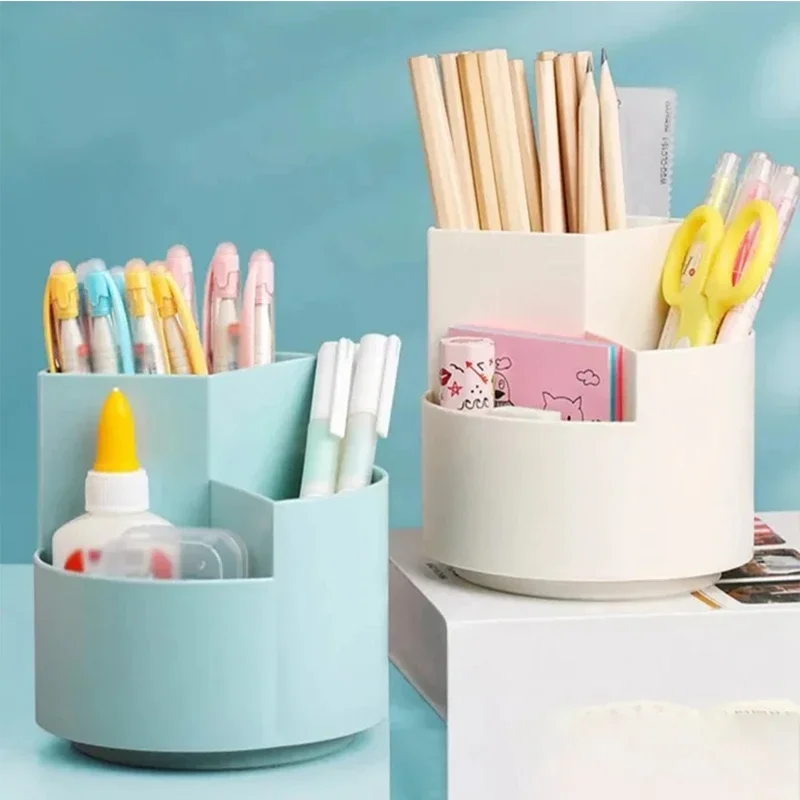 

360° Rotating Pen Holder 3 Grids Large Capacity Pencil Storage Box School Office Desktop Stationery Penbox Organizer