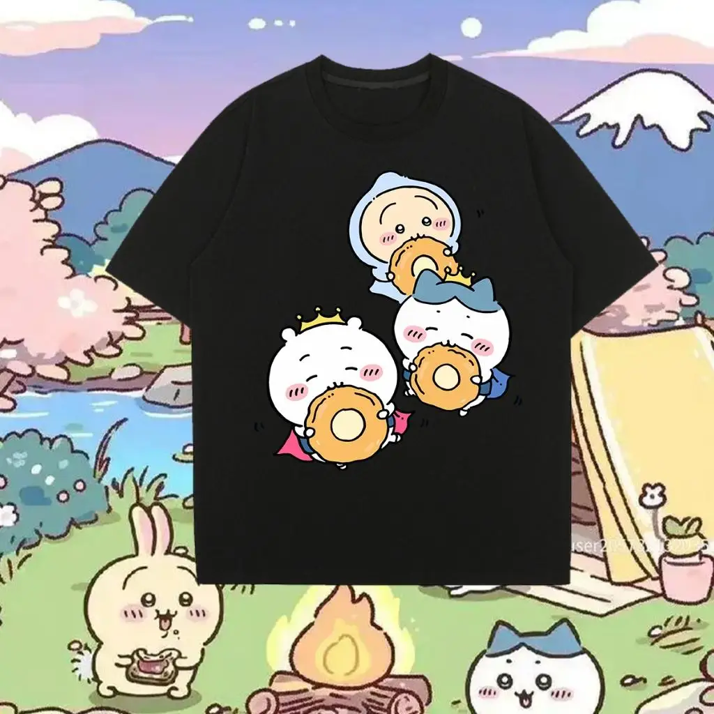 2026 Kawaii Chiikawa Trio Eat Donuts Crown Cape Graphic T Shirt Anime Cartoon Unisex Short Sleeve Tee