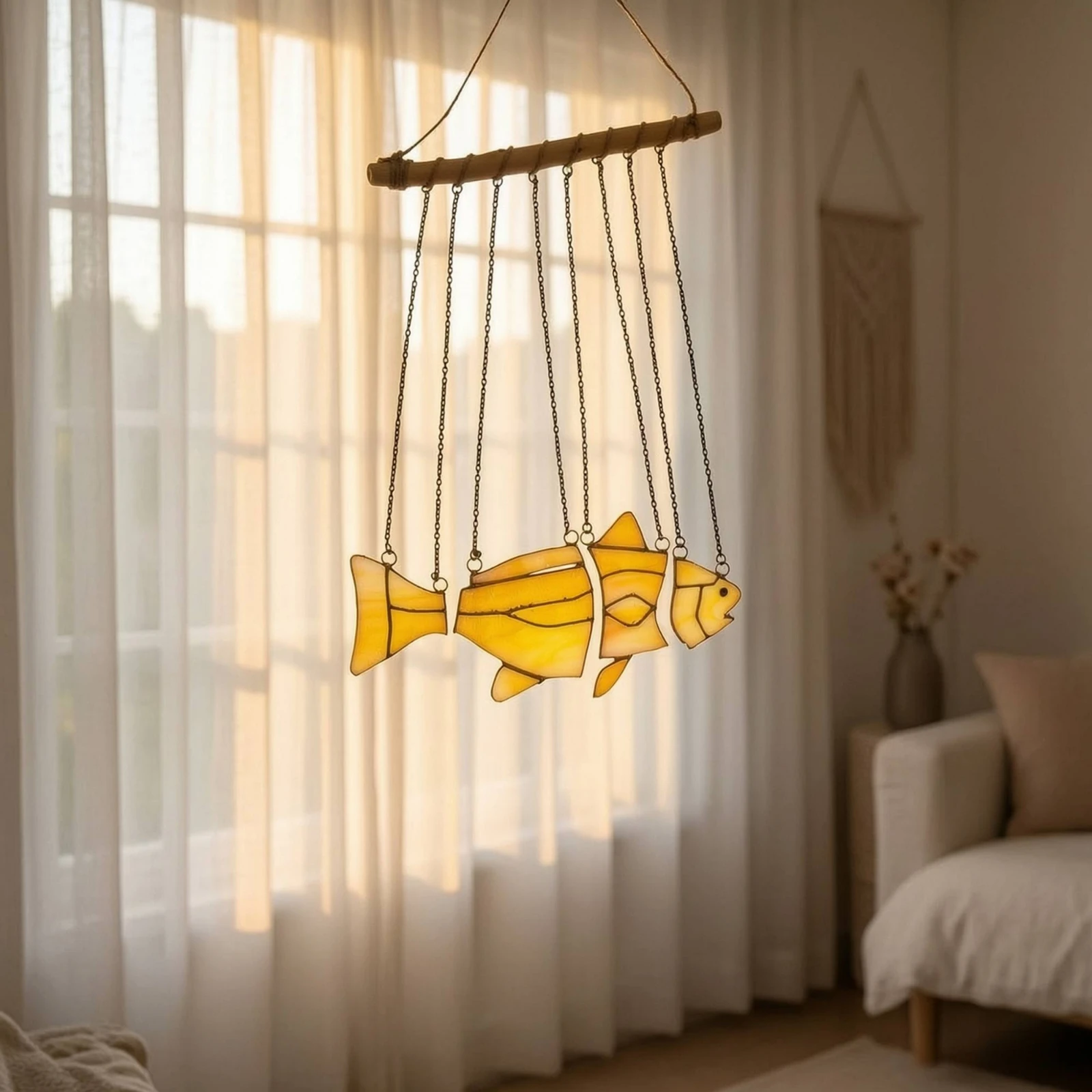 Fish Wind Chime Artisan-Made Stained Glass Wind Chime Hanging Ornament Ready to Hang Whimsical for Garden, Patio