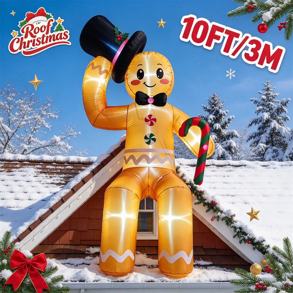 10FT Christmas Inflatable Outdoor Decoration Giant Gingerbread Man Blow Up Model Built-In LEDs For Holiday Garden Roof Yard