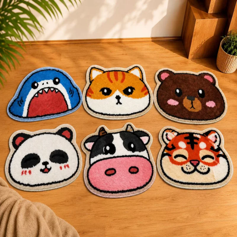 VIKAMA Cute Cartoon Animal Head Floor Mat Shark Cat Bear Panda Cow Tiger Fluffy Non Slip Rug Bathroom Bedroom Home Decor