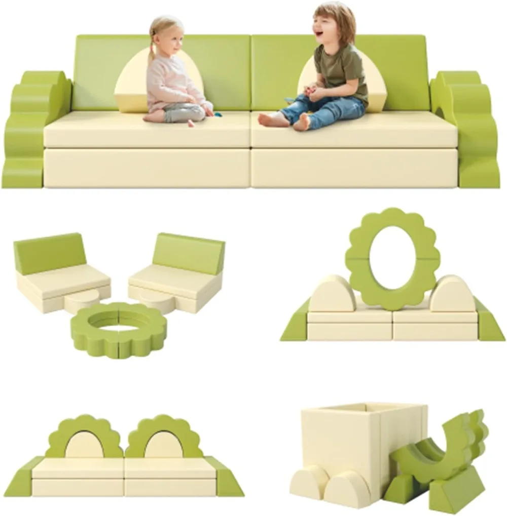 Yellow 10-Piece Children's playroom Sofa, Baby Climbing and Crawling Foam Play Set, Large Foam Building Block Sofa