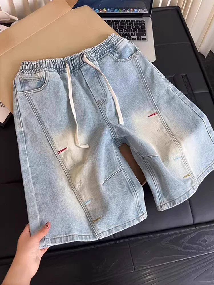American Retro Diagonal Cut Embroidered Denim Shorts Men's Straight Leg Workwear  Pants Design Trendy Five-Point Pants