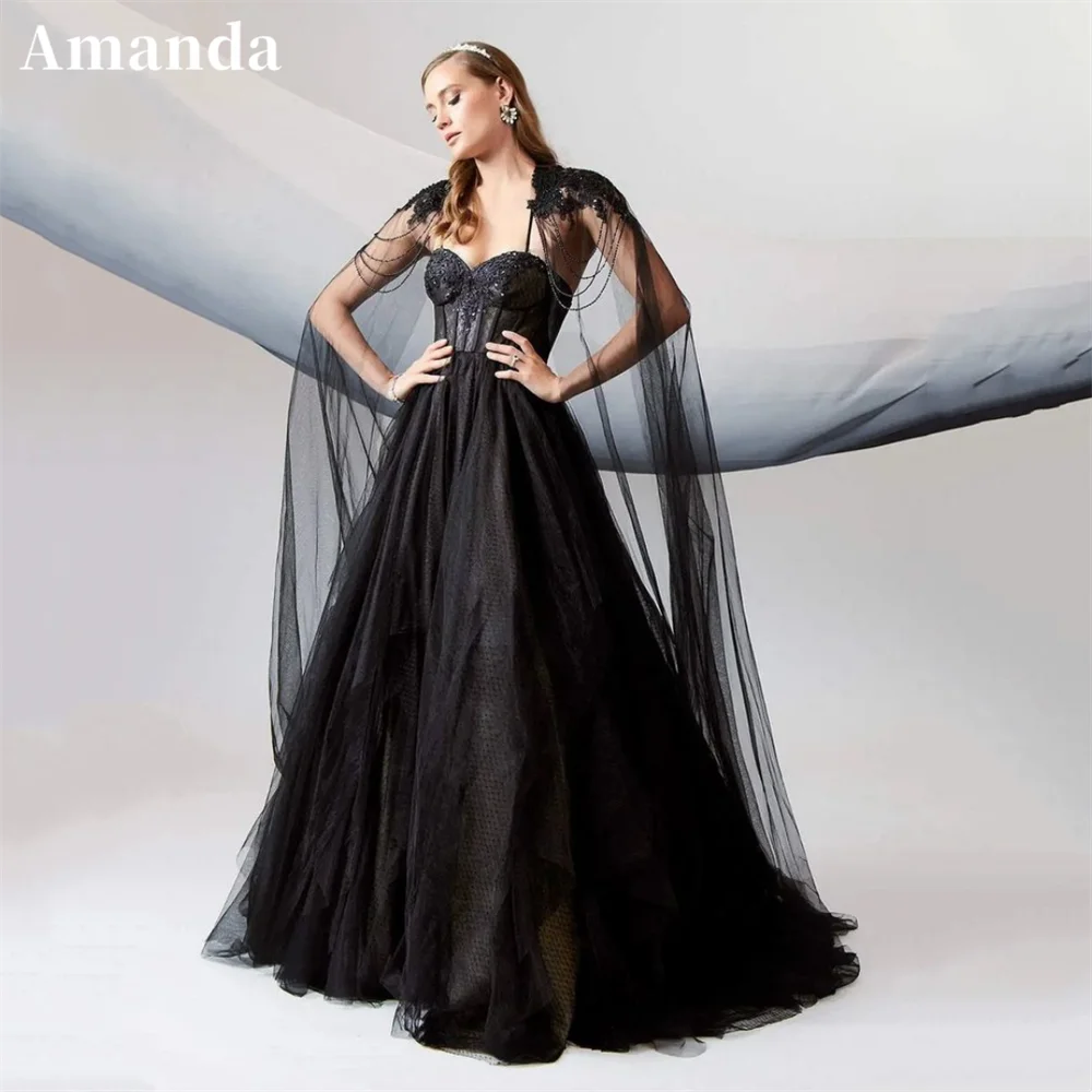 

Amanda Gothic Black A-line Prom Dresses Spaghetti Straps Tulle Evening Dress Elegant Detachable Shawl vestidos de fiesta 2024