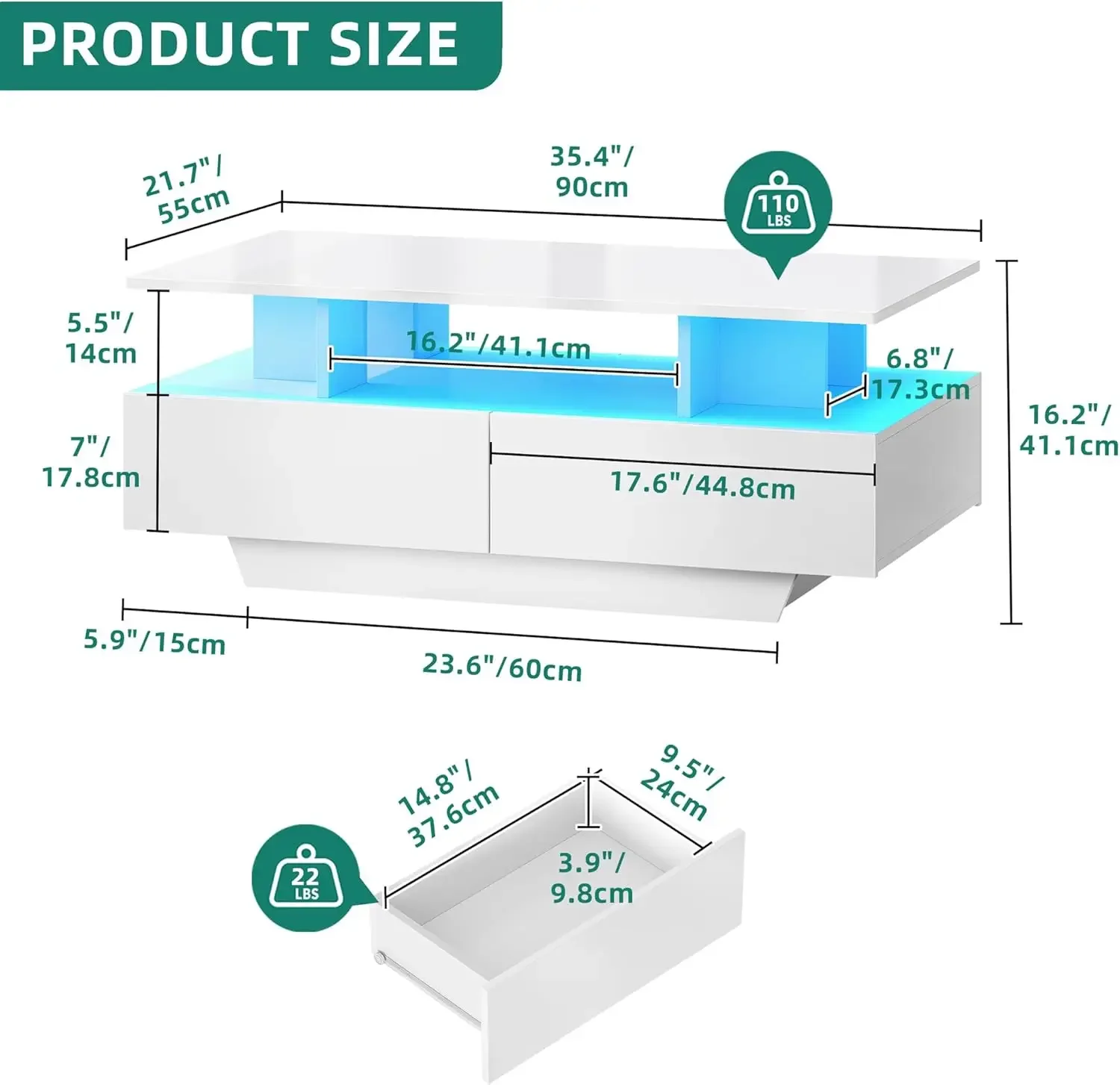 LED Coffee Table with Storage, High Glossy LED Coffee Tables for Living Room, Small Center Table with Open Display Shelf & Slidi