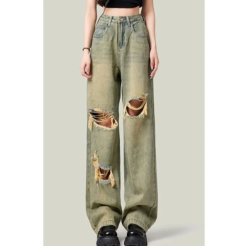 

2025 женские широкие джинсовые брюки с дырками, корейские женские прямые ковбойские брюки с высокой талией, весенне-осенние женские модные повседневные джинсы