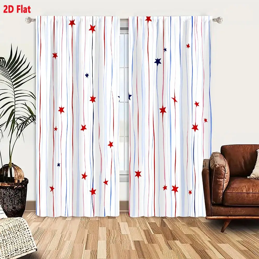 2Pcs Curtains Add 2D Flat Patriotic Red Blue Wavy Streamers Stars Pattern For Independence Day Celebration Window Drapes for Bed