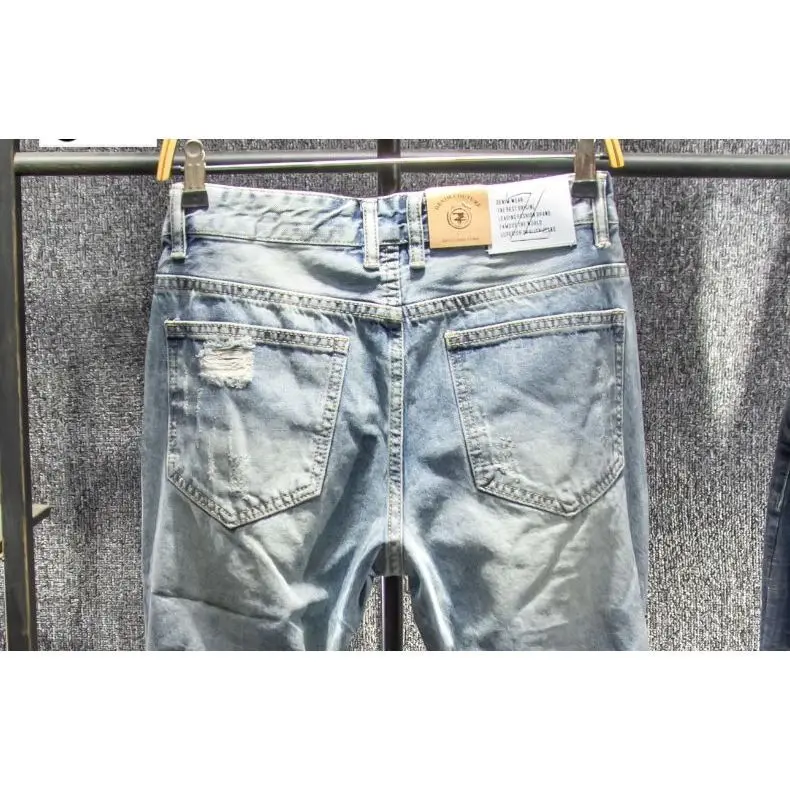 Summer New Ripped Patch Fashion Denim Shorts Men's Youth Cat Beard Old Beggar Cowboy Pants Low Rise Jeans Cowboy Hombre