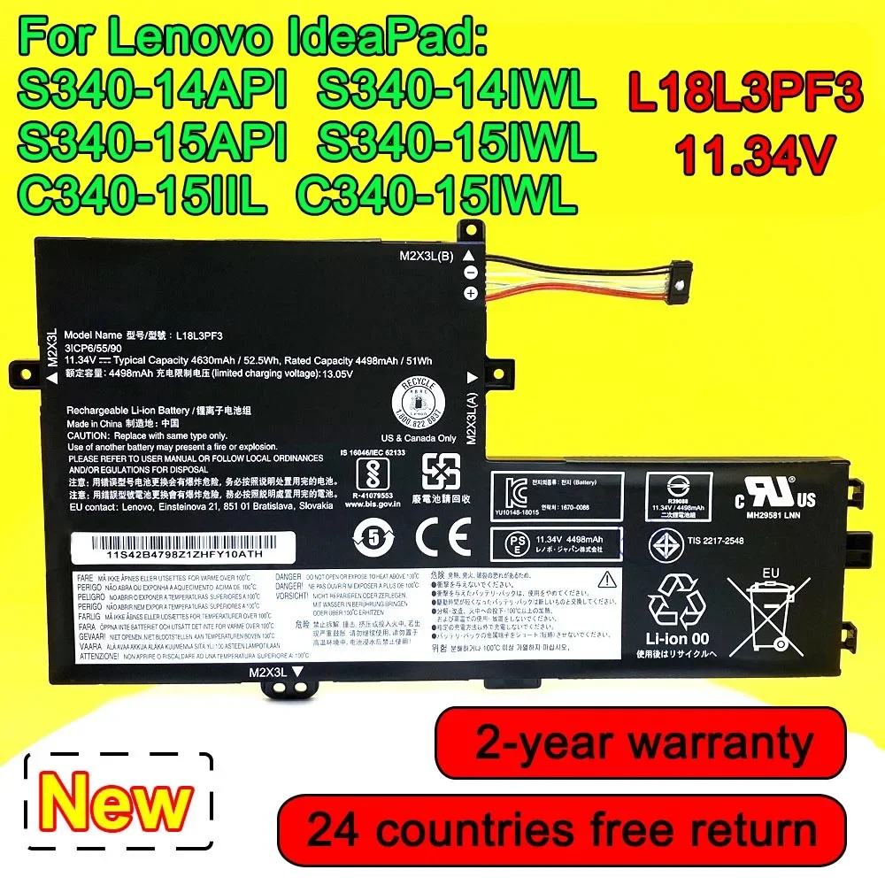 

New L18L3PF3 Laptop Battery For Lenovo Ideapad S340-14API 14IWL 15API 15IWL,C340-15IIL 15IWL,L18M3PF6 L18L3PF2 L18C3PF7 4630mAh