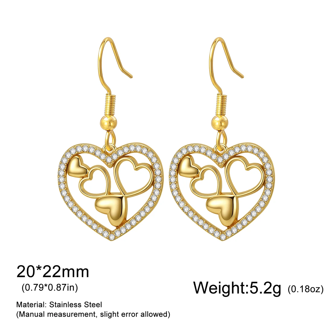 Eueavan Strass-Mehrfachherz-Ohrhänger aus Edelstahl mit 5 Hohlen Herzen für Frauen, Romantischer Schmuck als Geschenk – Detail 12